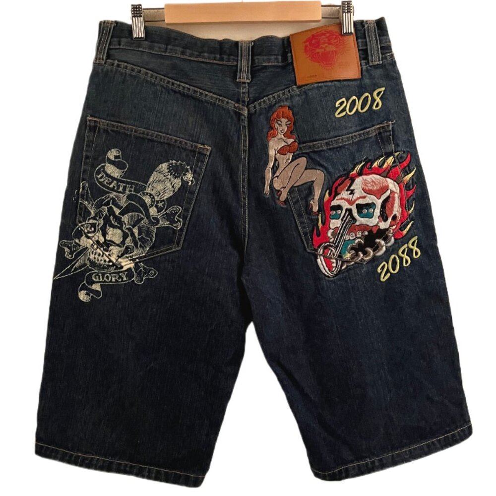 Ed Hardy Vintage Y2K "Death or Glory" Men's Embroidered Denim shorts Size 38